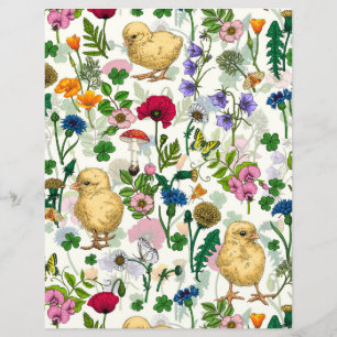 Papier Poulets et fleurs sauvages sur blanc cassé