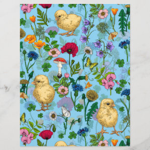 Papier Poulets et fleurs sauvages sur le bleu bébé