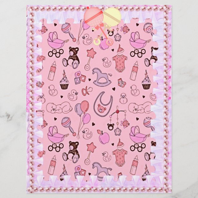 Papier pour bébé rose avec dentelle et perles (Devant)