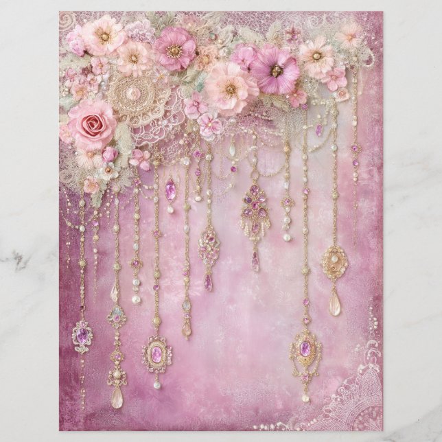 Papier pour junk journal avec fleurs roses et bijo (Devant)