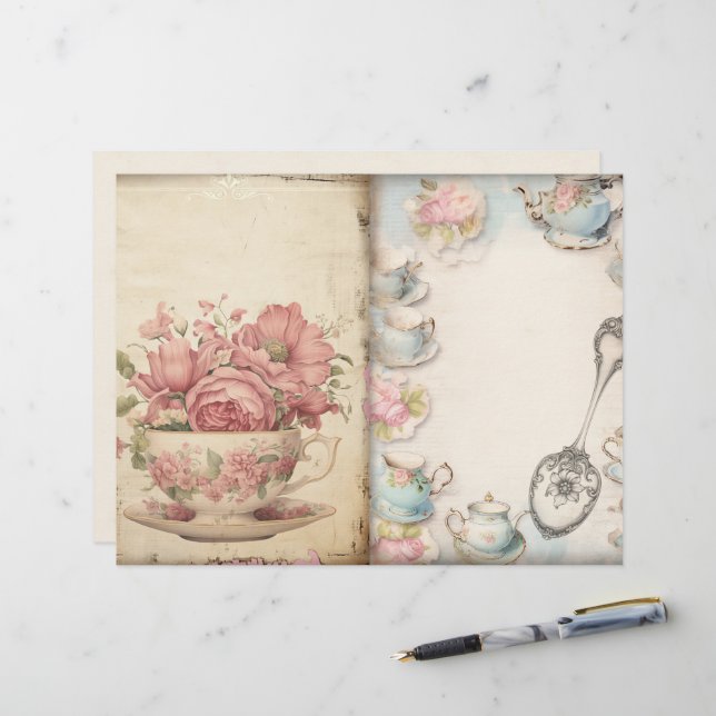 Papier pour Junk Journal "L'heure du thé" (Devant/Arrière en situation)