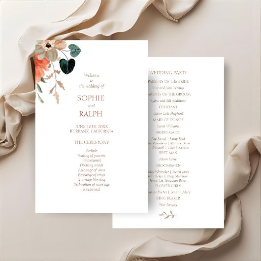 Papier pour programme de mariage floral à petit bu