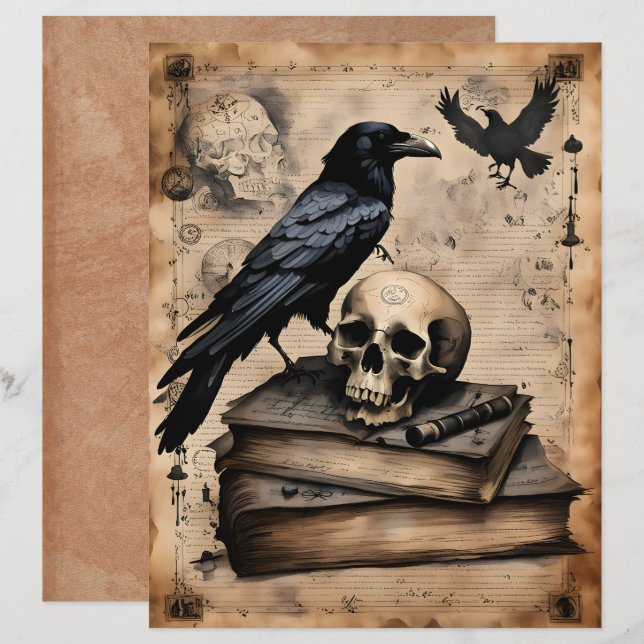 Papier pour scrapbook de magie corbeau et crâne (Devant / Derrière)