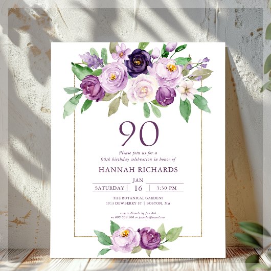 Papier Pourpre | Violet Floral 90e anniversaire Invitatio