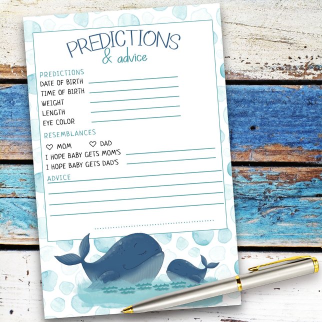 Papier Prédiction et conseil sur le Baby shower des balei (Baby Shower advice card from my Happy Whale collection. Message if you need different items.)