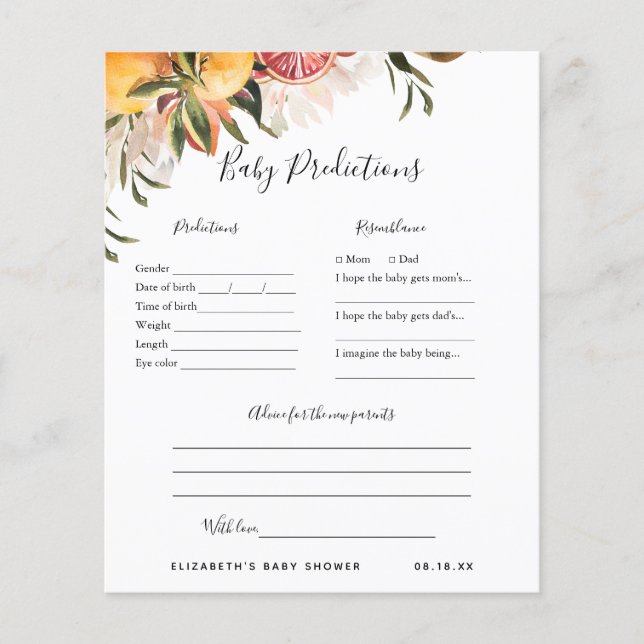 Papier Prédictions de bébé | Jeu de Baby Shower (Devant)