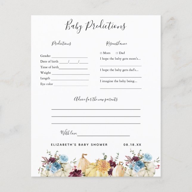 Papier Prédictions de bébé | Jeu de Baby Shower (Devant)