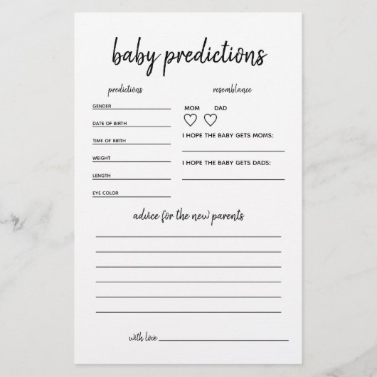 Papier Prédictions de bébé Jeux de Baby shower minimalist (Devant)