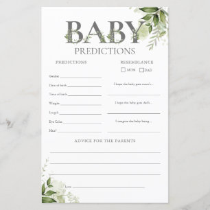 Papier Prédictions de bébé Verdure Jeu de baby shower