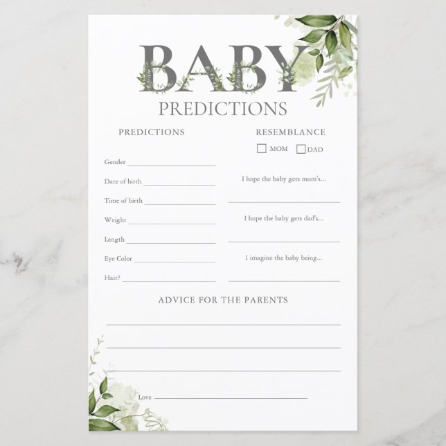 Papier Prédictions de bébé Verdure Jeu de baby shower (Devant)