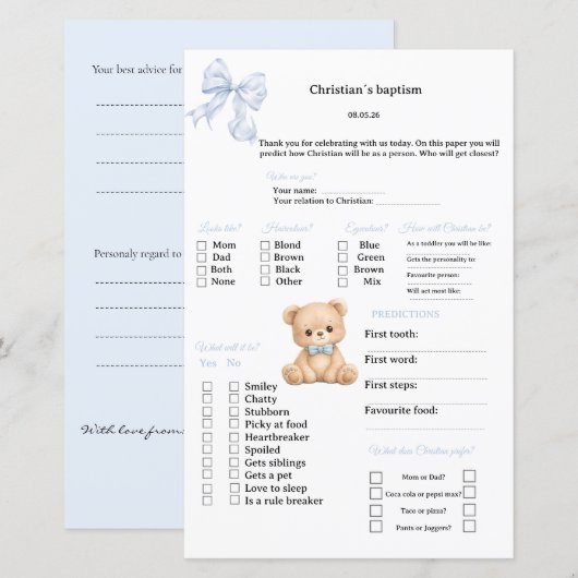 Papier Prédictions de ruban bleu et jeu de conseils pour (Devant / Derrière)