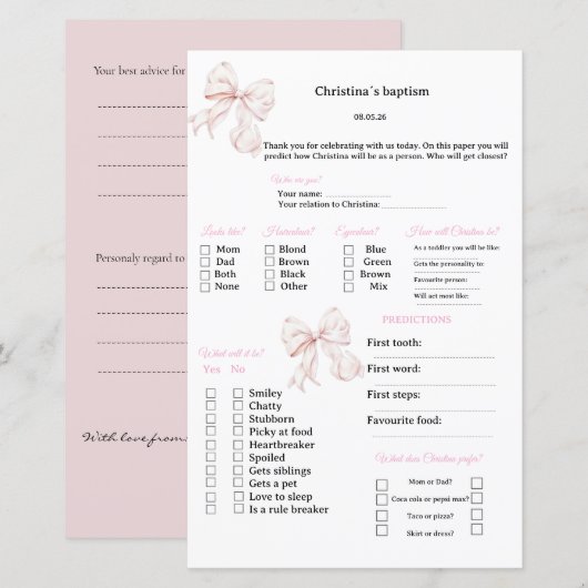 Papier Prédictions de ruban rose et jeu de conseils pour (Devant / Derrière)
