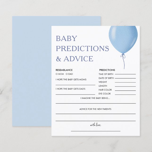 Papier Prédictions des bébés | Baby shower Bleu Balloon B (Devant / Derrière)
