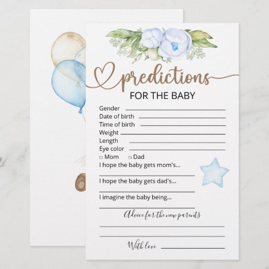 Papier Prédictions des bébés | Jeu Baby shower (Devant / Derrière)