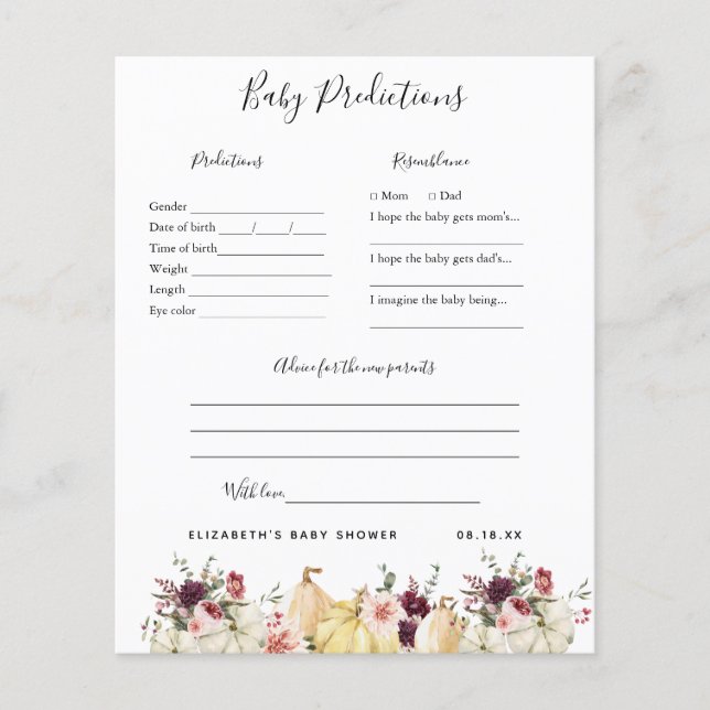 Papier Prédictions des bébés | Jeu Baby shower (Devant)