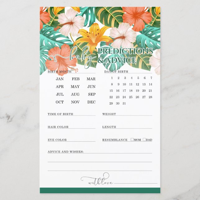 Papier Prédictions et conseils Baby shower tropical Jeu (Devant)