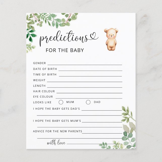 Papier Prédictions et conseils pour bébé ours en bas âge (Devant)