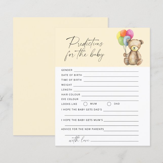 Papier Prédictions et conseils pour bébé Ours jeu de bébé (Devant / Derrière)