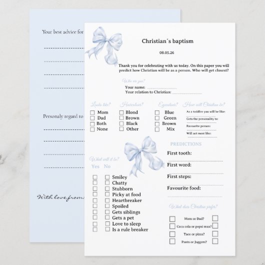 Papier Prédictions et jeu de conseils Ruban Bleu pour Bap (Devant / Derrière)