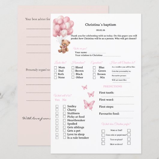Papier Prédictions roses et jeu de conseils pour baptême (Devant / Derrière)