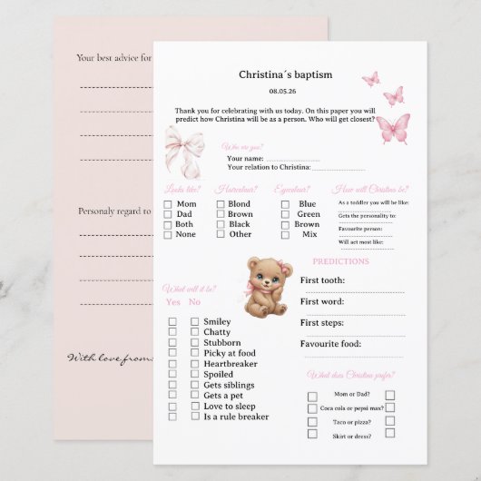 Papier Prédictions roses et jeu de conseils pour baptême (Devant / Derrière)