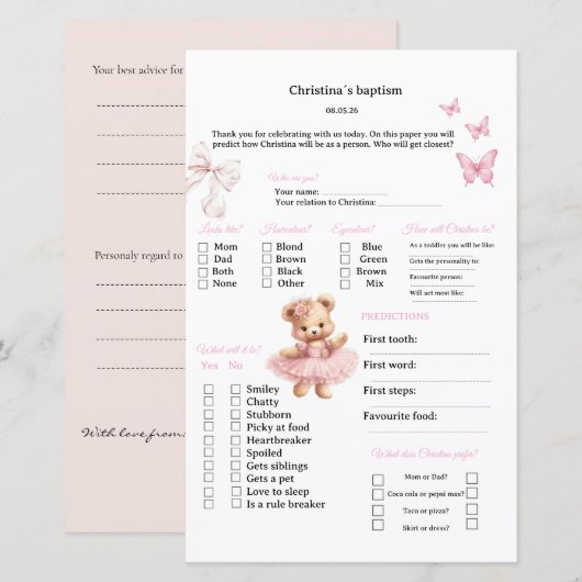 Papier Prédictions roses et jeu de conseils pour le baptê (Devant / Derrière)