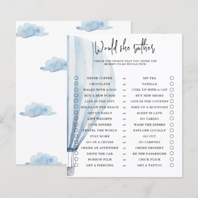 Papier Préférerait-elle - jeu de baby shower (Devant / Derrière)