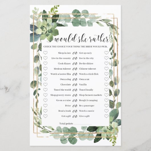 Papier Préférerait-elle jeu de baby shower vert or (Devant)