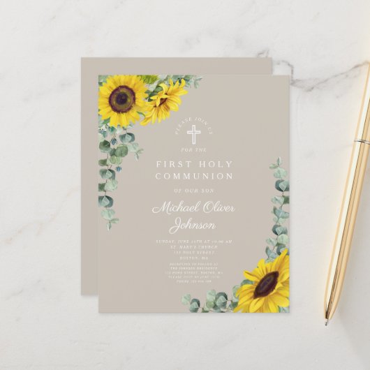 Papier Première communion Budget Sunflower Eucalyptus Tau (Devant/Arrière en situation)