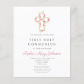 Papier Première communion de la croix florale rose et élé (Devant)