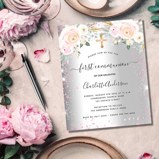Papier Première communion fille argent rose floral invita