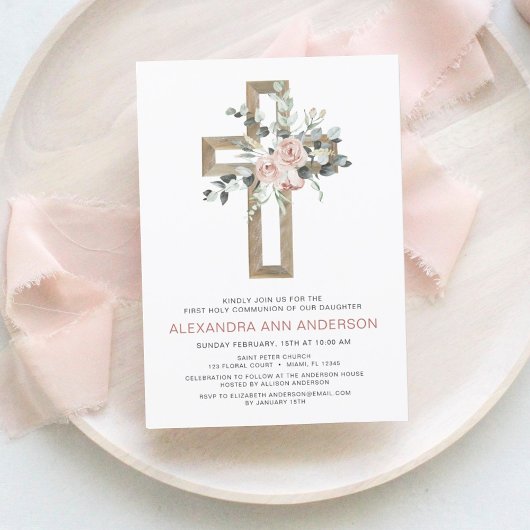 Papier Première Communion Gold Cross Blush rose Floral