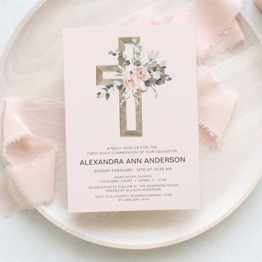 Papier Première Communion Gold Cross Blush rose Floral