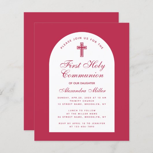 Papier Première Communion Rouge Magenta Budget Invitation (Devant / Derrière)
