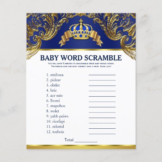Papier Prince Baby shower Games Word Scramble Rhyme Quiz (Devant)