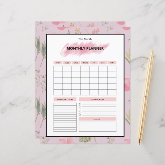 Papier Printable Monthly Planner Template (Devant/Arrière en situation)