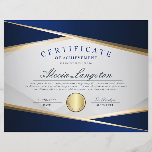 Papier Prix Blue & Gold du certificat d'excellence (Devant)