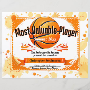 Papier Prix de basket-ball personnalisé MVP Camp d'équipe