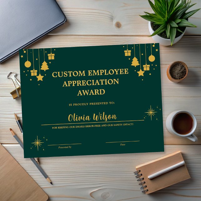 Papier Prix de l'employé pour les jours fériés d'affaires (Customized Green Business Holiday Employee Award)
