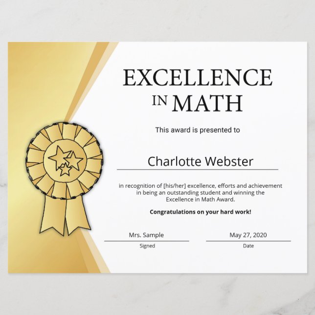 Papier Prix d'excellence en mathématiques (Devant)