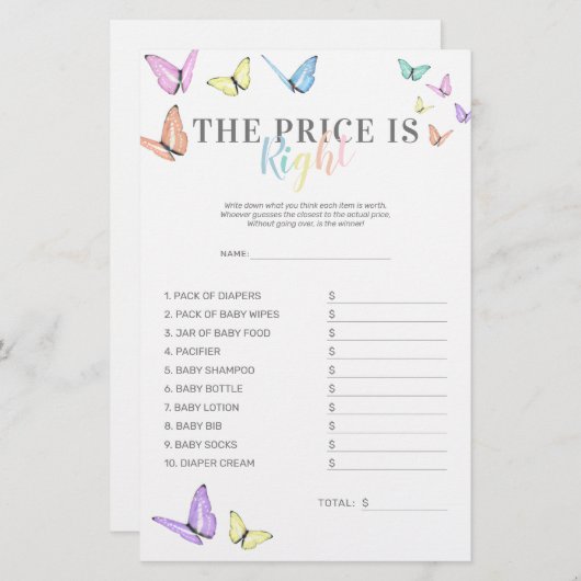 Papier Prix est droit Baby shower papillon jeu (Devant / Derrière)