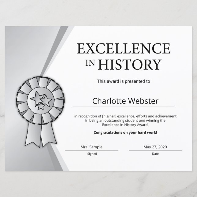 Papier Prix Silver Excellence en Histoire (Devant)