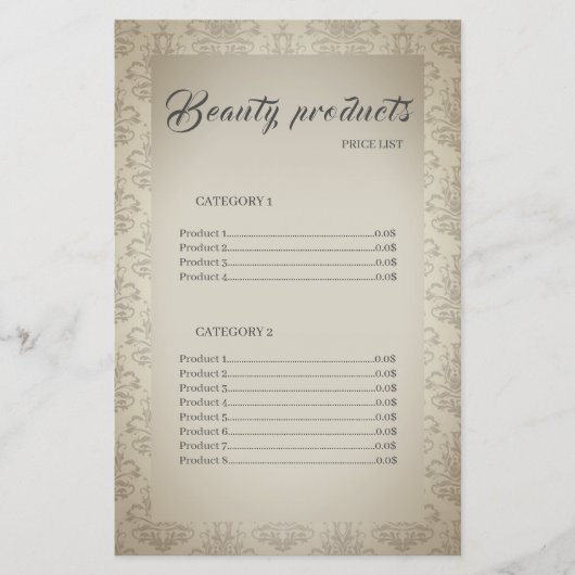 Papier Produits de beauté Elegant Cadre Tarifs (Devant)