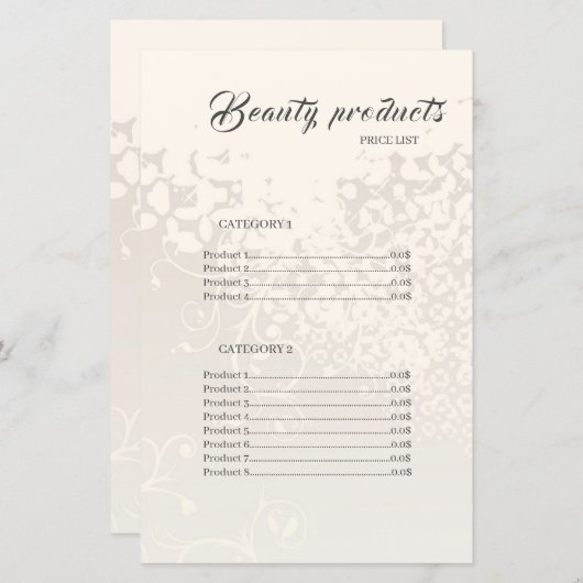 Papier Produits de beauté Elegant Cadre Tarifs (Devant / Derrière)