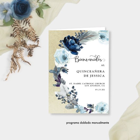 Papier Programa de Quinceañera Azul y Oro con Flores
