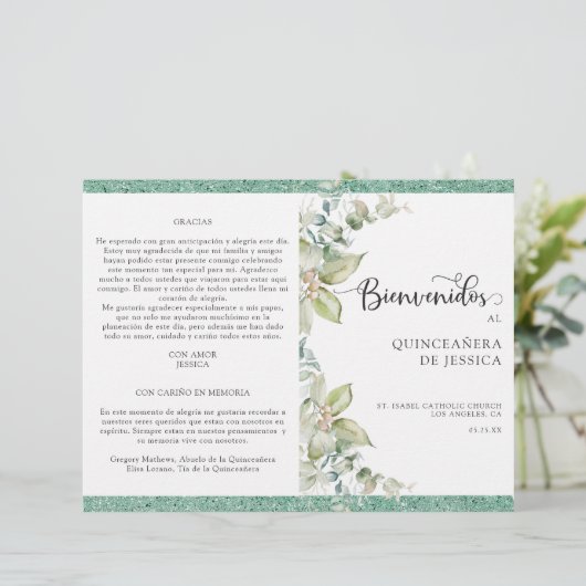 Papier Programa de Quinceañera Verde con Hojas (Debout devant)