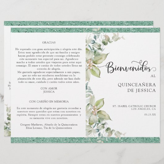Papier Programa de Quinceañera Verde con Hojas (Devant / Derrière)