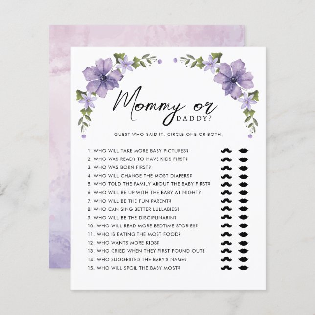 Papier Purple A Little Fleur sauvage Maman ou papa Jeu (Devant / Derrière)