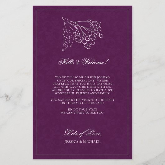 Papier Purple Botanique Élégant Mariage Bienvenue Itinéra (Devant)