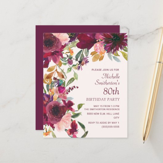 Papier Purple Bourgogne Floral 80e Anniversaire BUDGET (Devant/Arrière en situation)